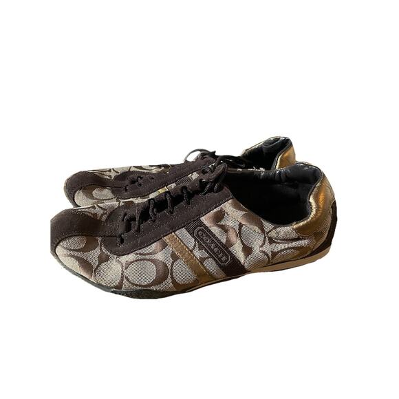 Coach Katelyn Brown Tan Logo Tennis Sneaker Shoes Canvas Leather 8 - Picture 1 of 8